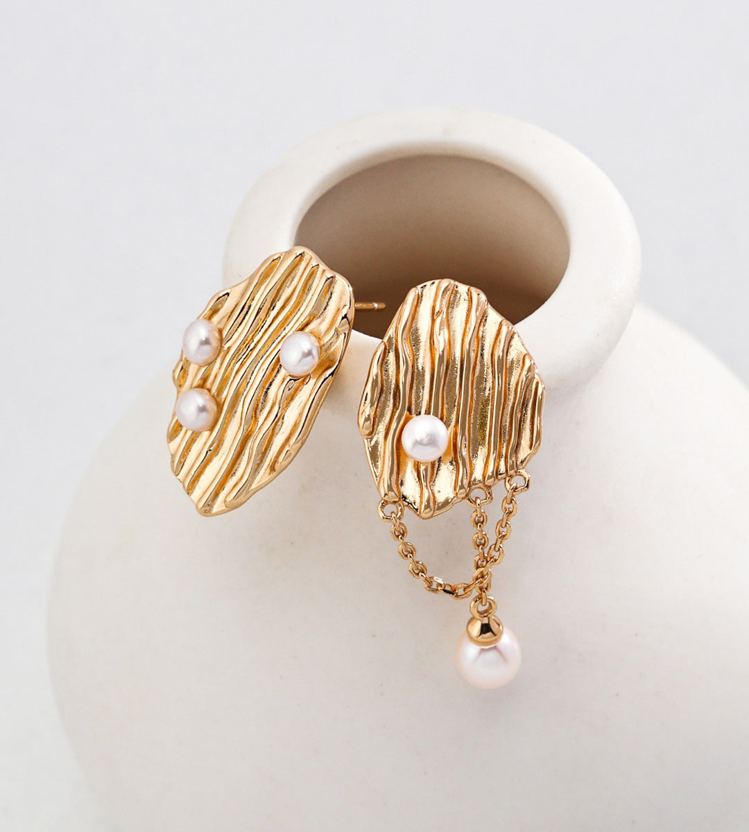 Asymmetrical Pearl Earrings 18K Gold Plated S925 Silver