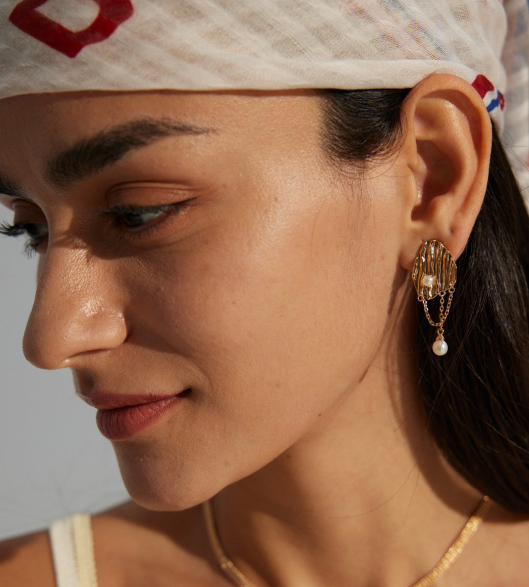 Asymmetrical Pearl Earrings 18K Gold Plated S925 Silver