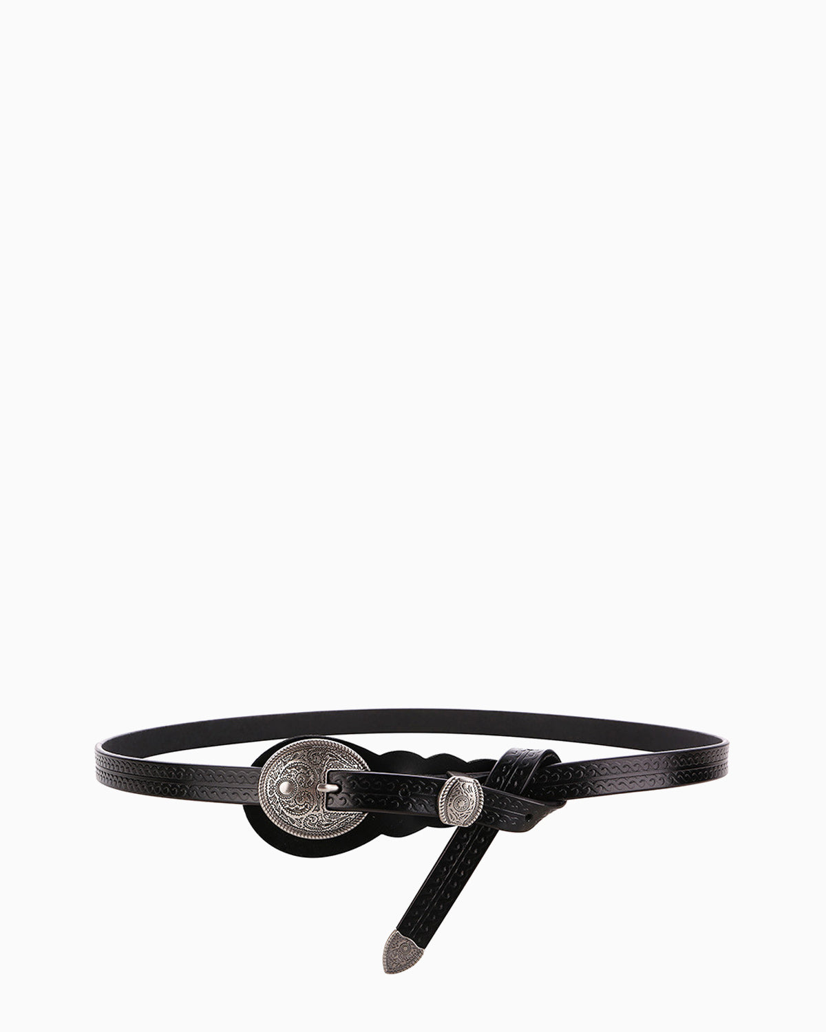 BOHO Vintage-Inspired Textured Leather Belt with Ornate Buckle, Black Color