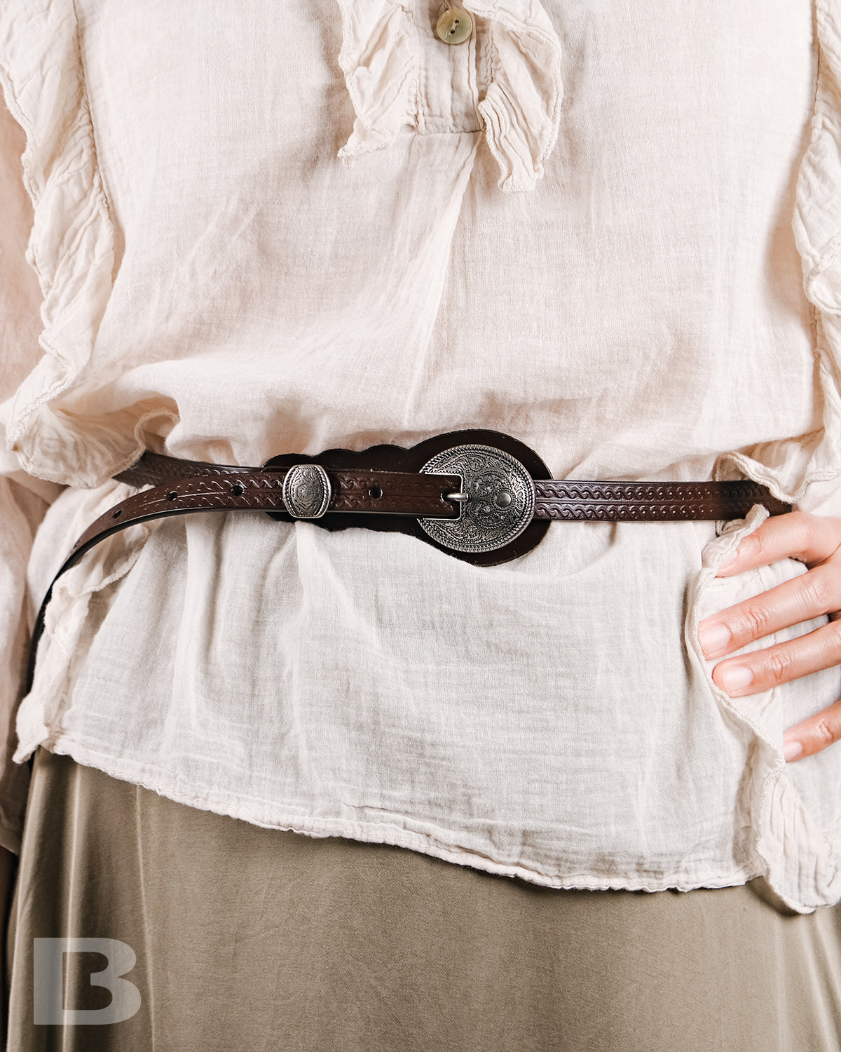 BOHO Style Vintage-Inspired Textured Leather Belt with Ornate Buckle, Coffee Color