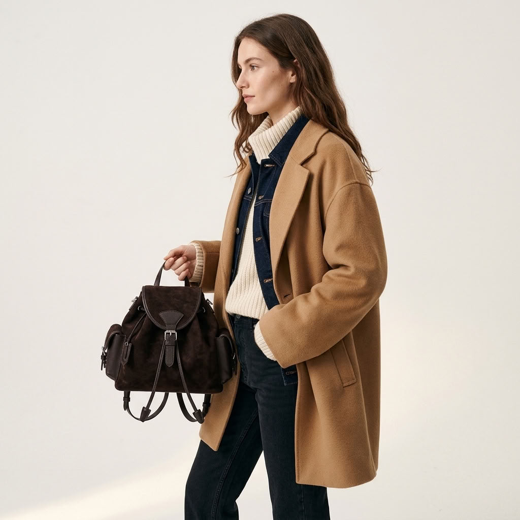 A woman wearing a camel coat, cream turtleneck, and dark denim holds a dark brown suede backpack by BUCKLE Collective