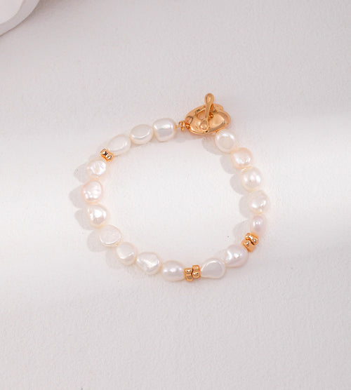 Baroque Pearl OT Clasp Bracelet 18K Gold-Plated Solid S925 Silver, Vintage Gold