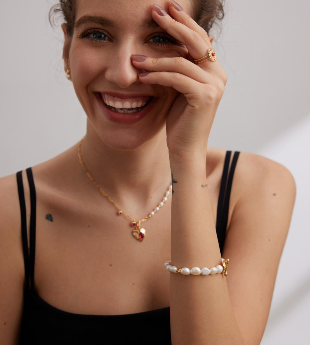 Baroque Pearl OT Clasp Bracelet 18K Gold-Plated Solid S925 Silver, Vintage Gold on a wrist