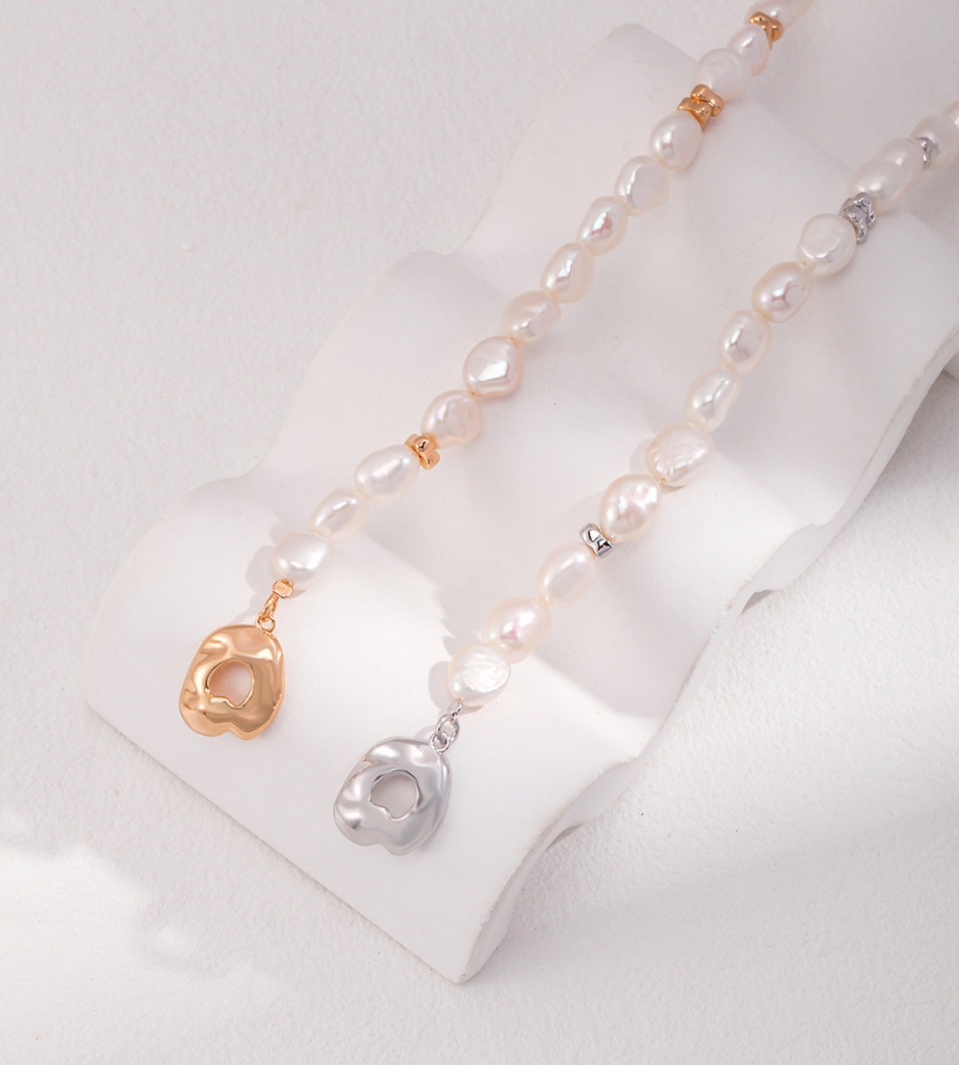 Baroque Pearl OT Clasp Bracelet 18K Gold-Plated Solid S925 Silver, Vintage Gold and White Gold