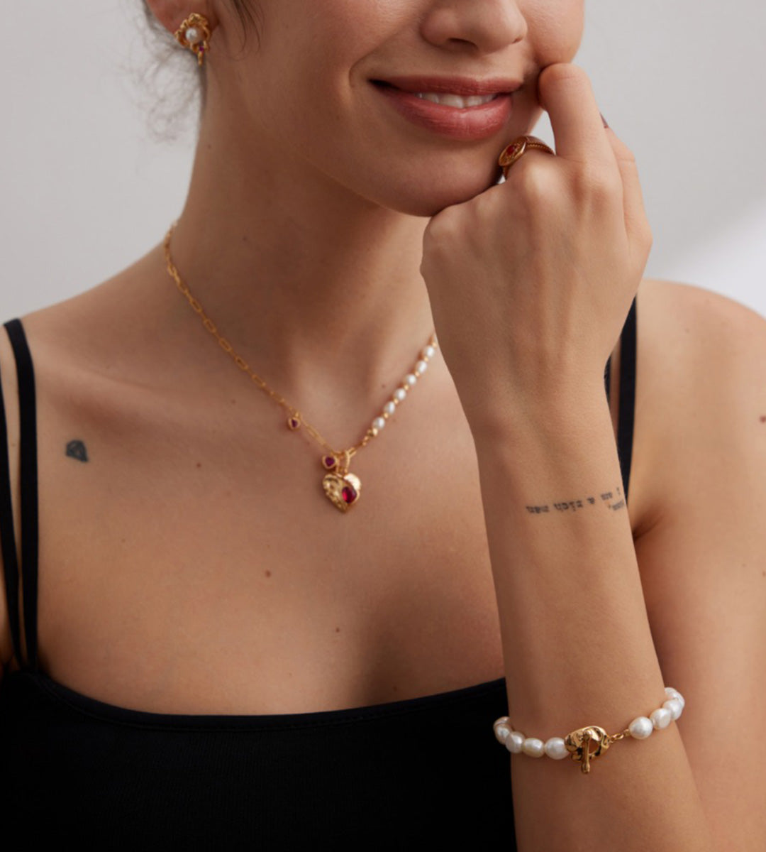 Baroque Pearl OT Clasp Bracelet 18K Gold-Plated Solid S925 Silver, Vintage Gold on a wrist