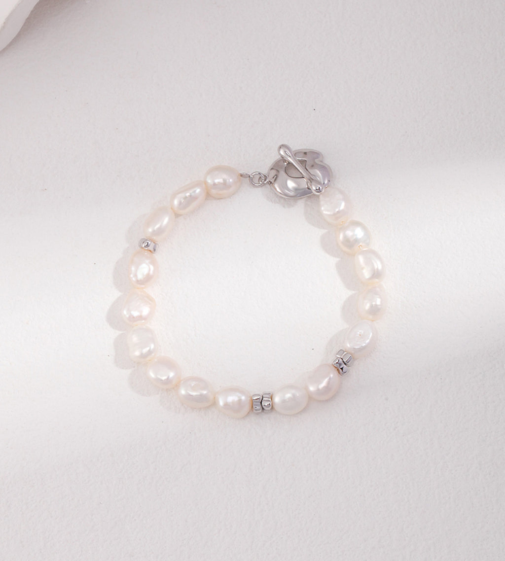 Baroque Pearl OT Clasp Bracelet 18K Gold-Plated Solid S925 Silver, White Gold color