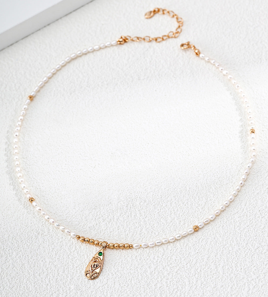 Natural Baroque Seed Pearl Necklace with Engraved Floral Pendant, 18K Gold-Plated over S925 Sterling Silver