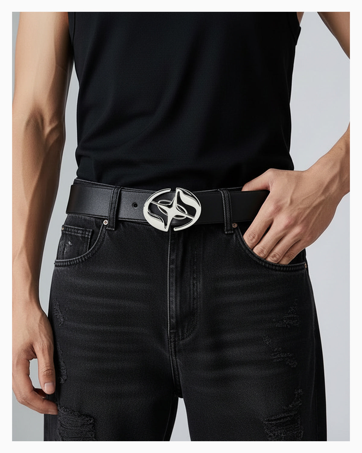 Black Belt with sculped Star-Cross motif Buckle - Unisex