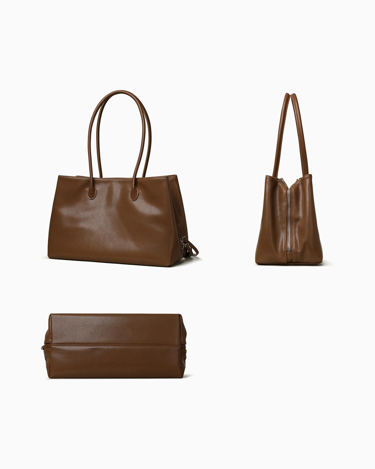 A brown leather tote bag shown from three angles: a main front view, a side profile view, and a flat bottom view