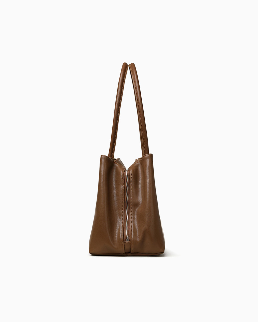 A brown leather tote bag with a top zipper closure