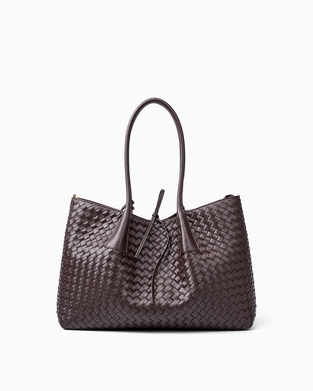 A dark brown woven leather large tote bag with double top handles and a drawstring detail