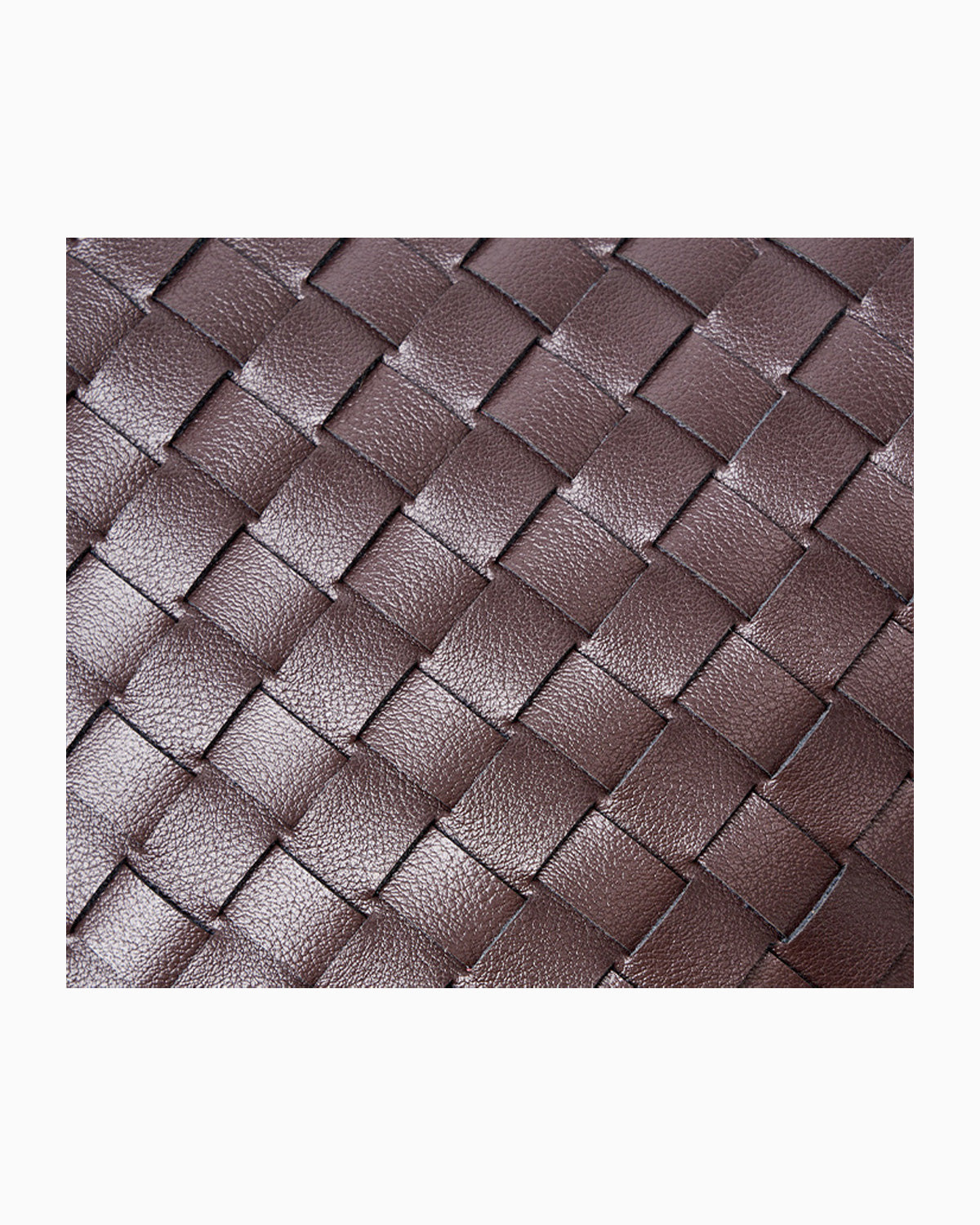 A close-up of a woven leather texture in a dark brown color, showing the detailed interlaced pattern of the material.