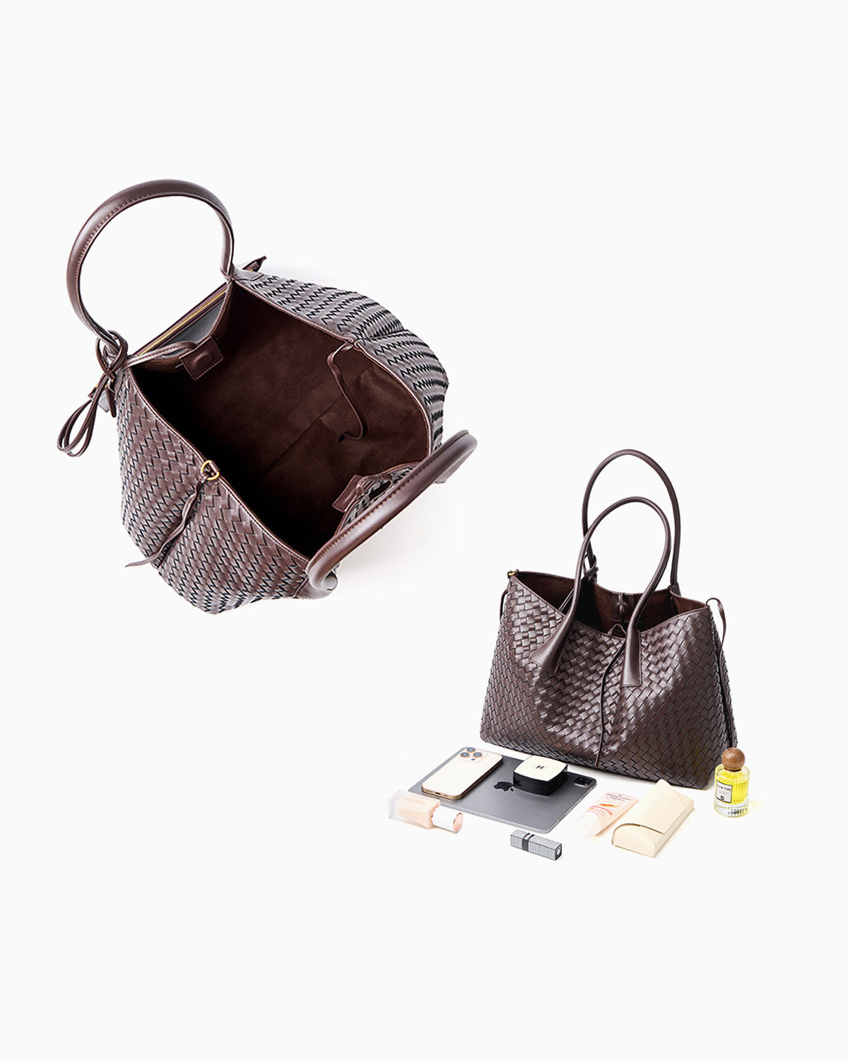A dark brown woven leather large tote bag with double top handles and a drawstring detail shown from two angles on a light gray background: one open to reveal the interior, and one closed with its handles upright. Small accessories are placed near the closed bag to show the capacity.