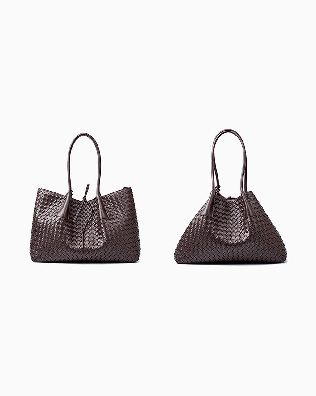 Two dark brown woven leather large tote bags with double top handles and a drawstring detail, displayed side by side, showing the folding style