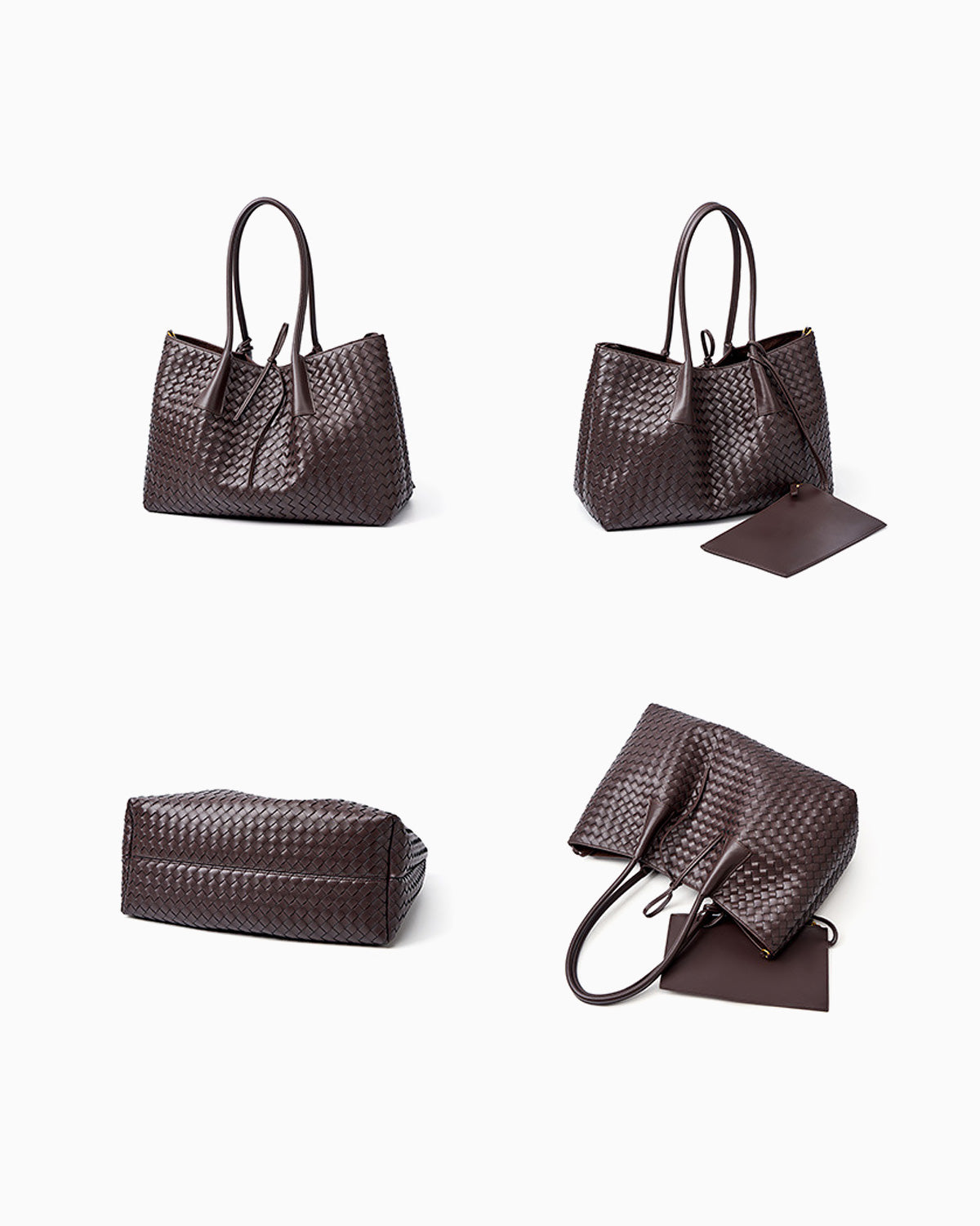 A dark brown woven leather large tote bag with double top handles and a drawstring detail shown from multiple angles on a clean white background, including front, side, and folded views.