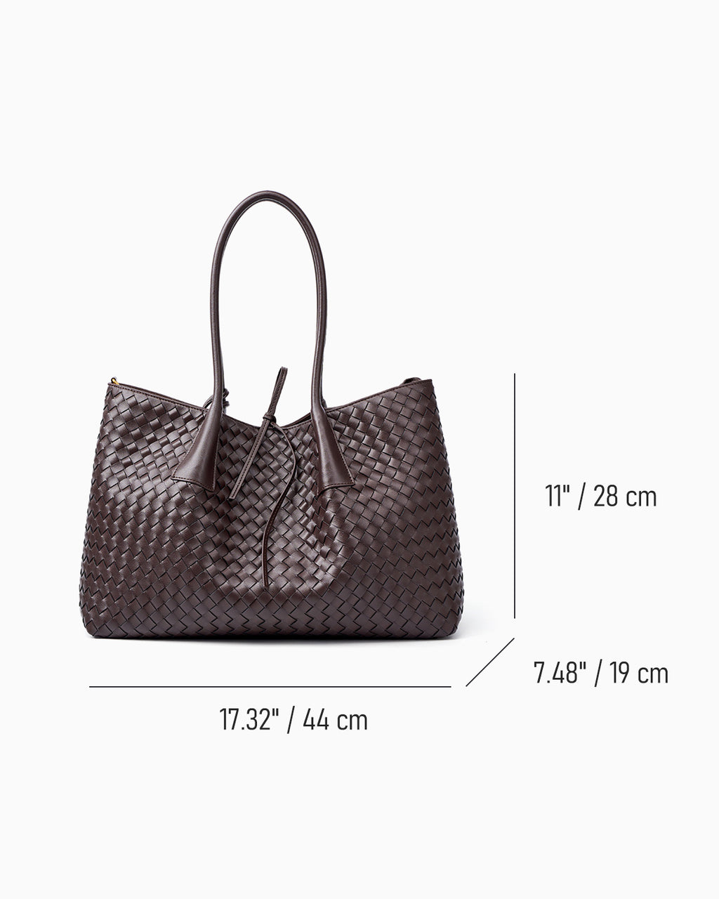 A dark brown woven leather tote bag with dual top handles, shown on a light gray background with dimensions