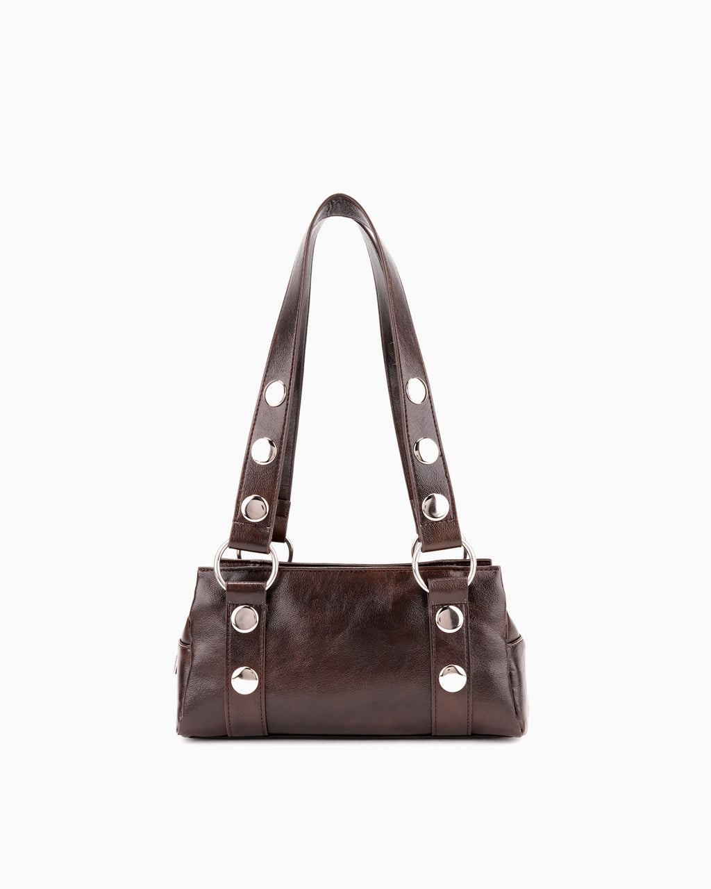 Brown Vegan Leather Handbag with Oversized Rivet accents