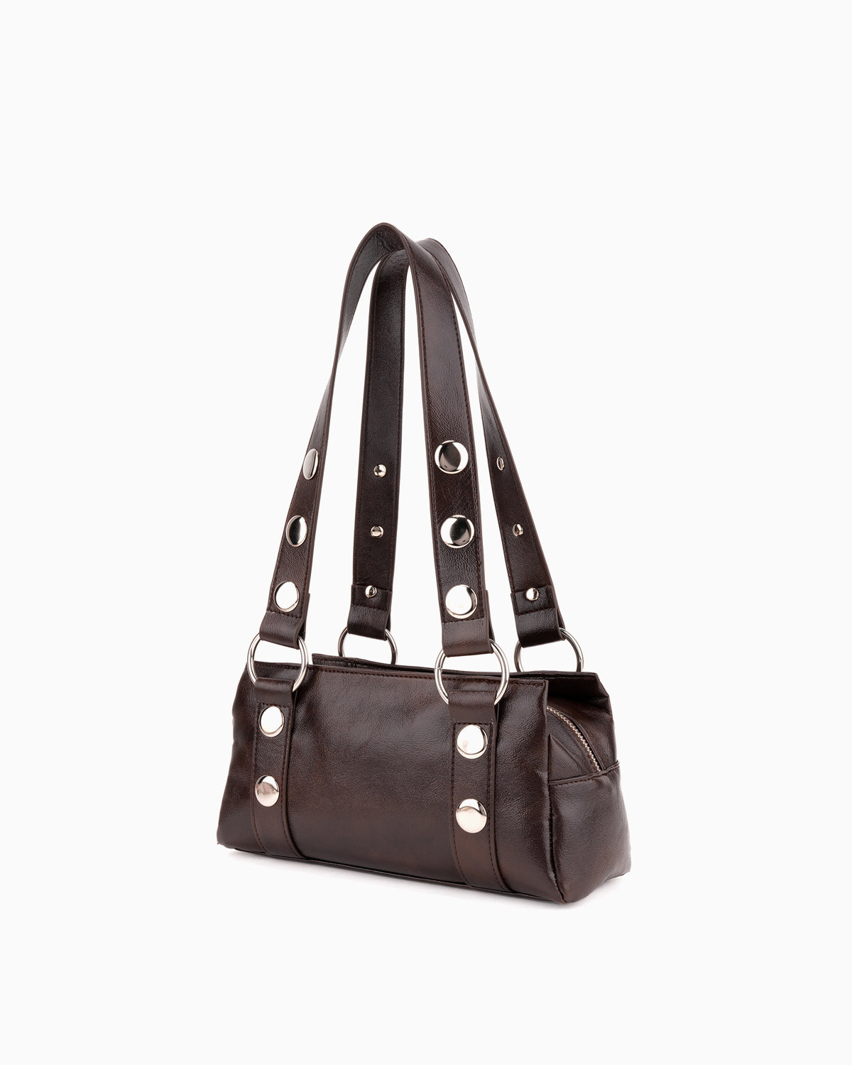 Side view of the Brown Vegan Leather Handbag with Oversized Rivet accents