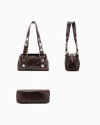 Front, side, and bottom view of Brown Vegan Leather Handbag with Oversized Rivet accents