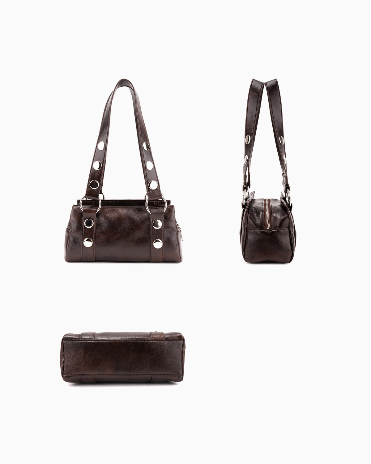 Front, side, and bottom view of Brown Vegan Leather Handbag with Oversized Rivet accents
