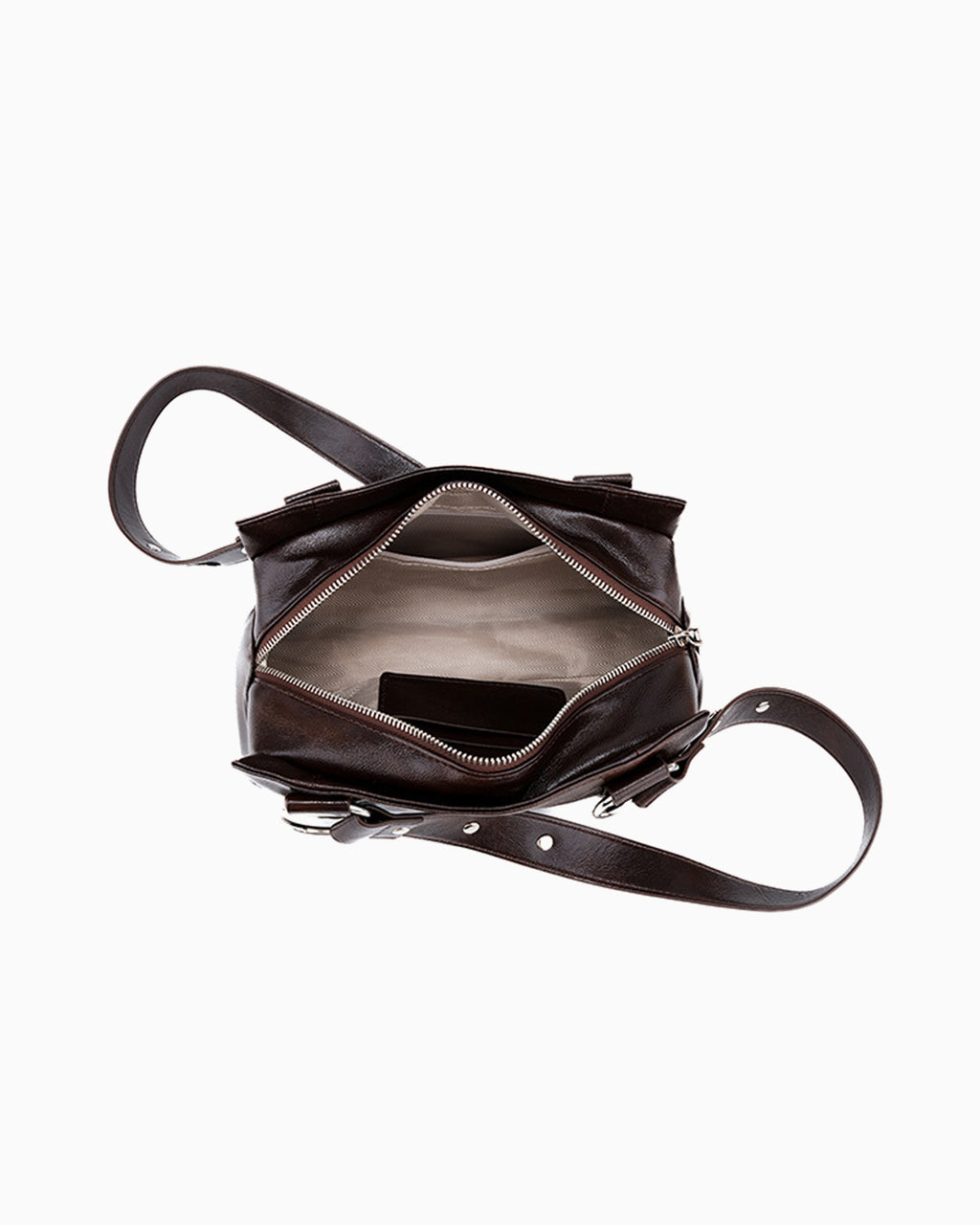Compartment details of Brown Vegan Leather Handbag with Oversized Rivet accents
