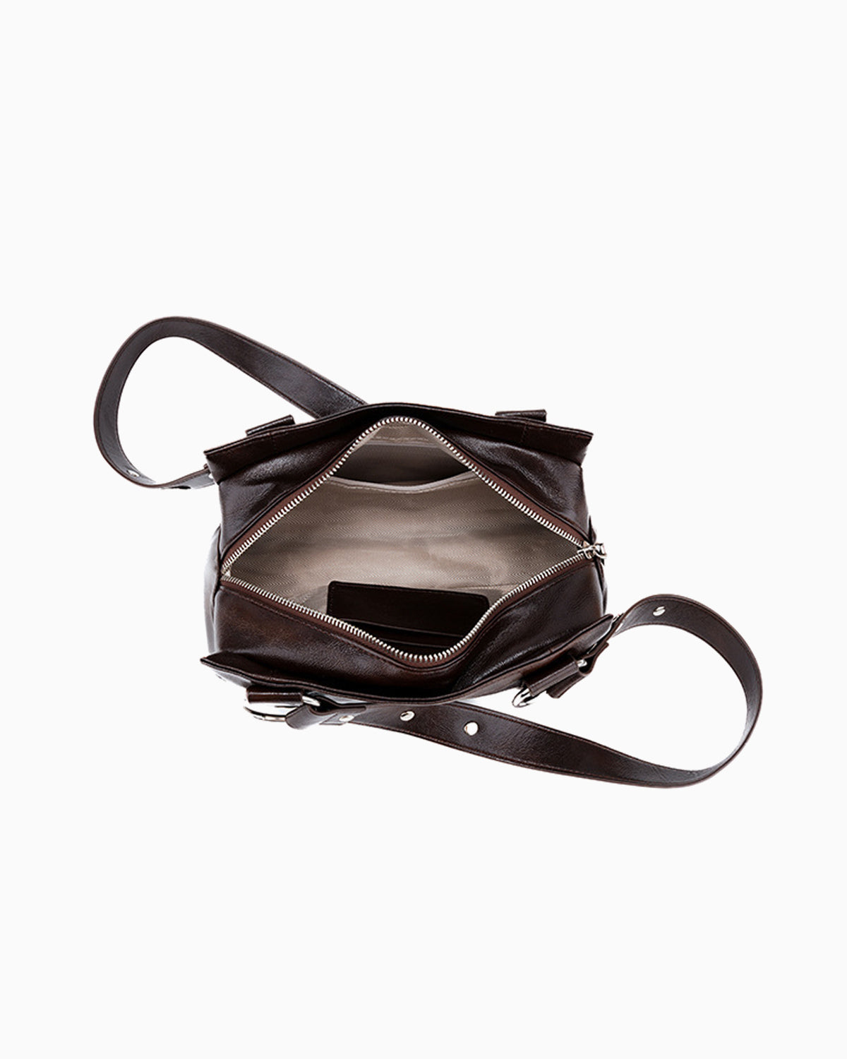 Compartment details of Brown Vegan Leather Handbag with Oversized Rivet accents