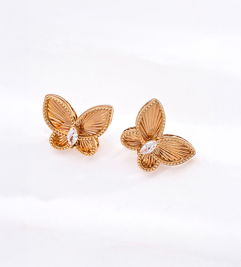 Vintage gold 18K plated S925 silver butterfly studs, precision carved embossed wings, pavé cubic zirconia accent, small elegant butterfly earrings on white background