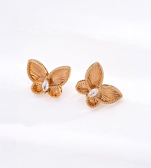 Vintage gold 18K plated S925 silver butterfly studs, precision carved embossed wings, pavé cubic zirconia accent, small elegant butterfly earrings on white background