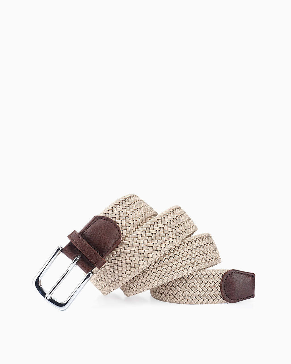 Unisex Beige woven belt with brown leather accents and a metallic buckle | BUCKLE Collective