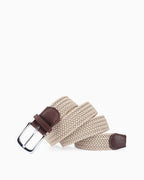 Unisex Beige woven belt with brown leather accents and a metallic buckle | BUCKLE Collective