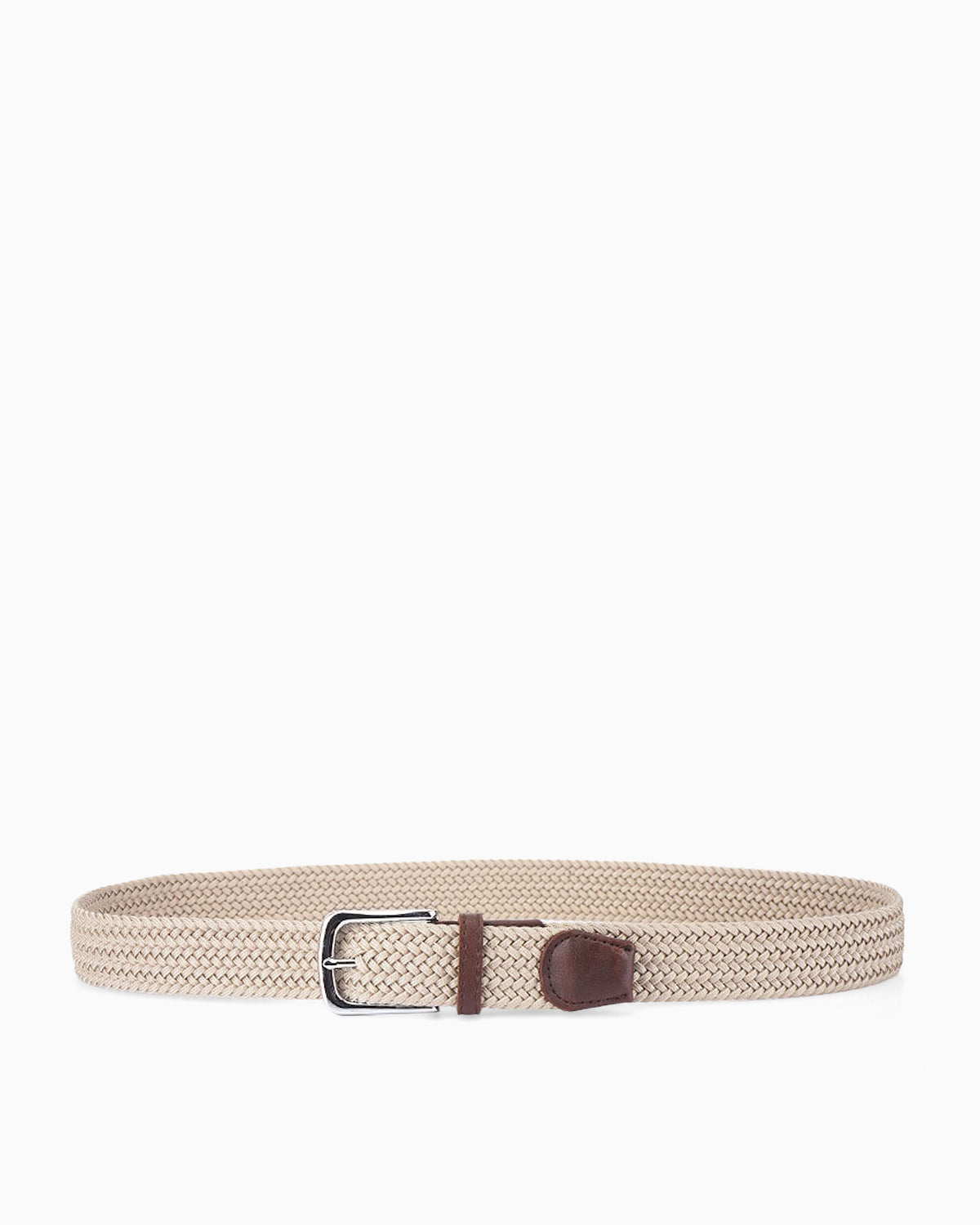 Unisex beige woven belt with a brown leather strap buckle on a white background | BUCKLE Collective