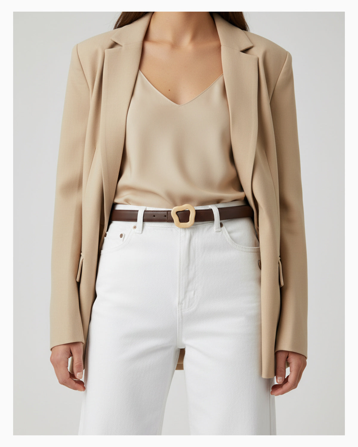 Women’s Leather Belt with Irregular Gold Buckle, Coffee color