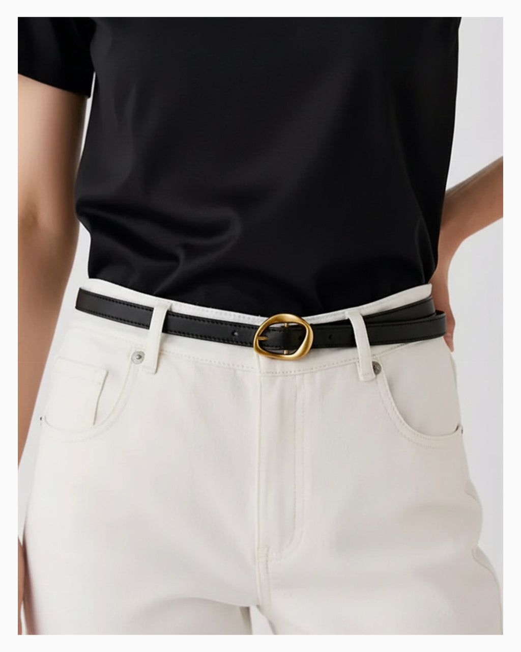 Women's Casual Thin Belt with Oval Gold Buckle, Black Color