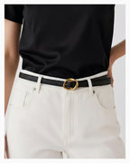 Women's Casual Thin Belt with Oval Gold Buckle, Black Color