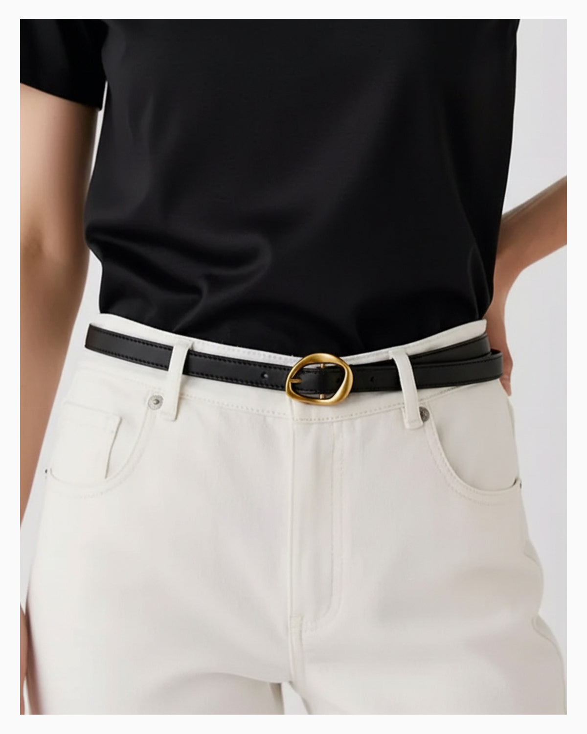 Women's Casual Thin Belt with Oval Gold Buckle, Black Color