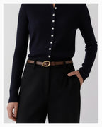 Women's Casual Thin Belt with Oval Gold Buckle, Coffee Color