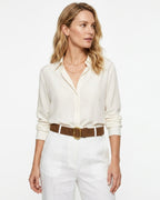 Woman wearing a white blouse and white pants with a Suede Leather Belt with Gold Buckle, Caramel Color