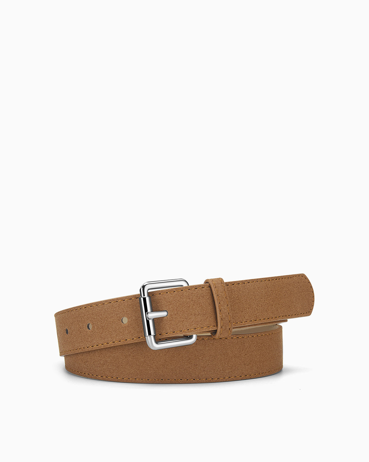 Versatile Sustainable Vegan Faux Leather Belt with Sliver Buckle and Fleece Finish, Camel color