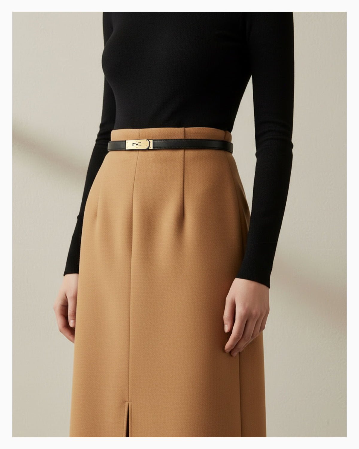 Classic Saffiano Leather Belt with Gold Turn-Lock Buckle. Black Color