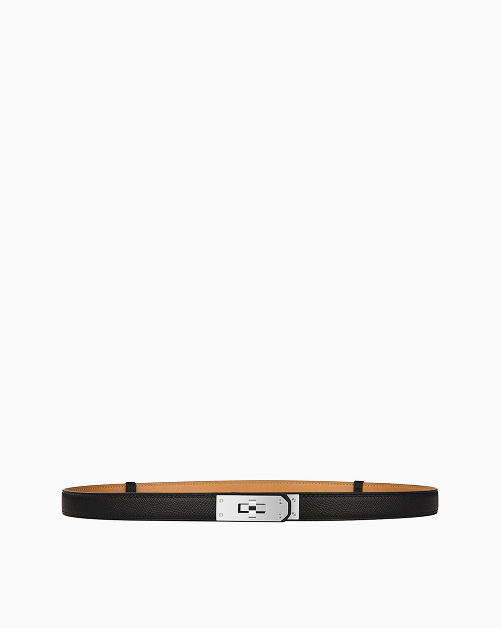 Women's black saffiano leather belt in caramel color with a silver-tone turn-lock buckle and contrast stitching