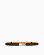 Women's black saffiano leather belt in caramel color with a silver-tone turn-lock buckle and contrast stitching