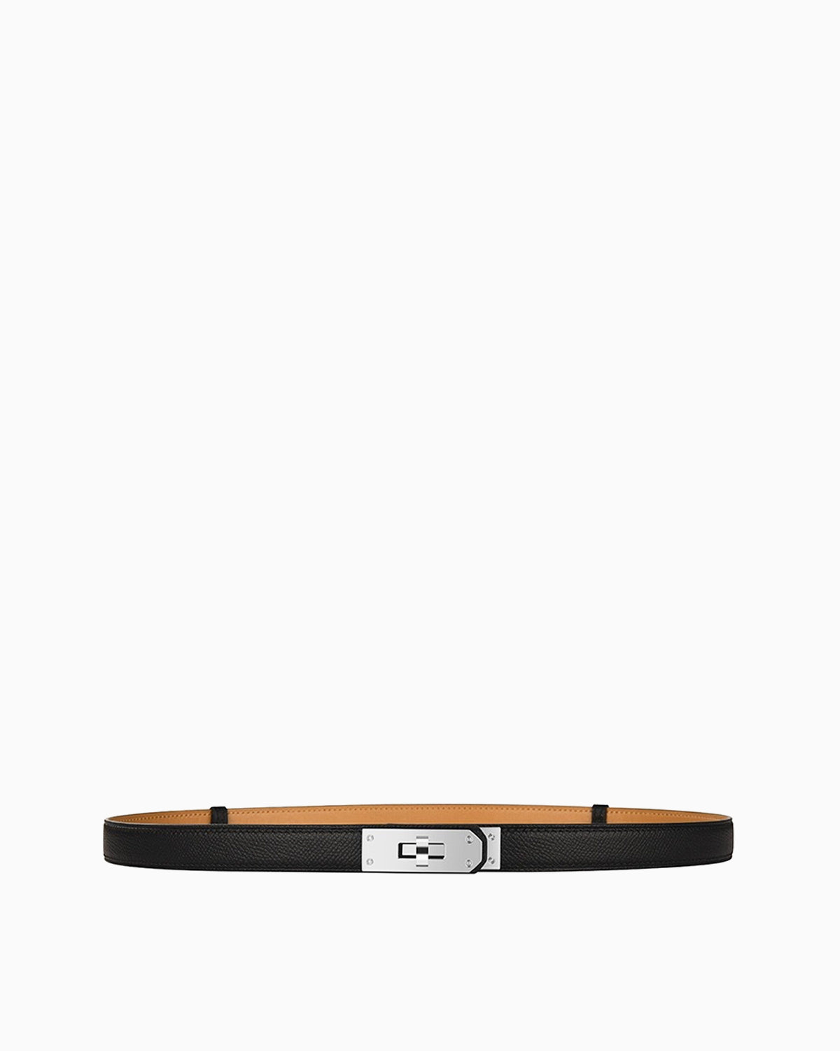 Women's black saffiano leather belt in caramel color with a silver-tone turn-lock buckle and contrast stitching