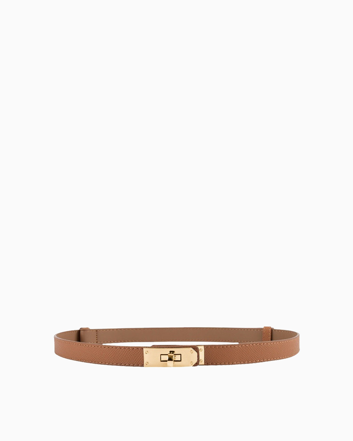 Classic Saffiano Leather Belt with Gold Turn-Lock Buckle. Caramel Color
