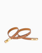 Women's Saffiano Leather Belt in Caramel Color with Gold-toned Turn-Lock Buckle and Contrast Stitching