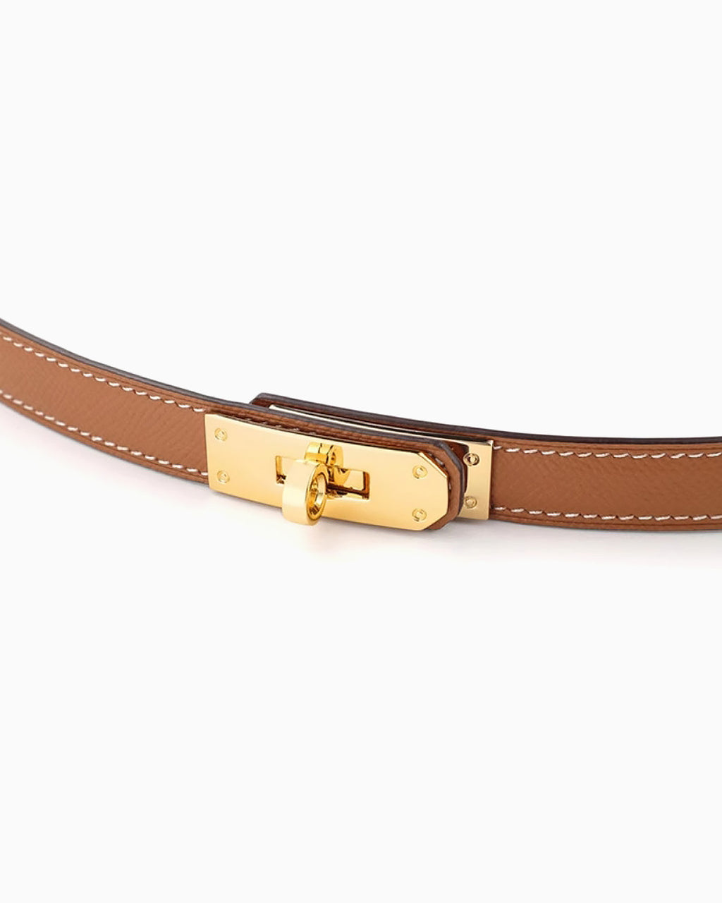 A close-up of a gold turn-lock buckle of a Women's Saffiano Leather Belt with Gold Turn-Lock Buckle and contrast stitching