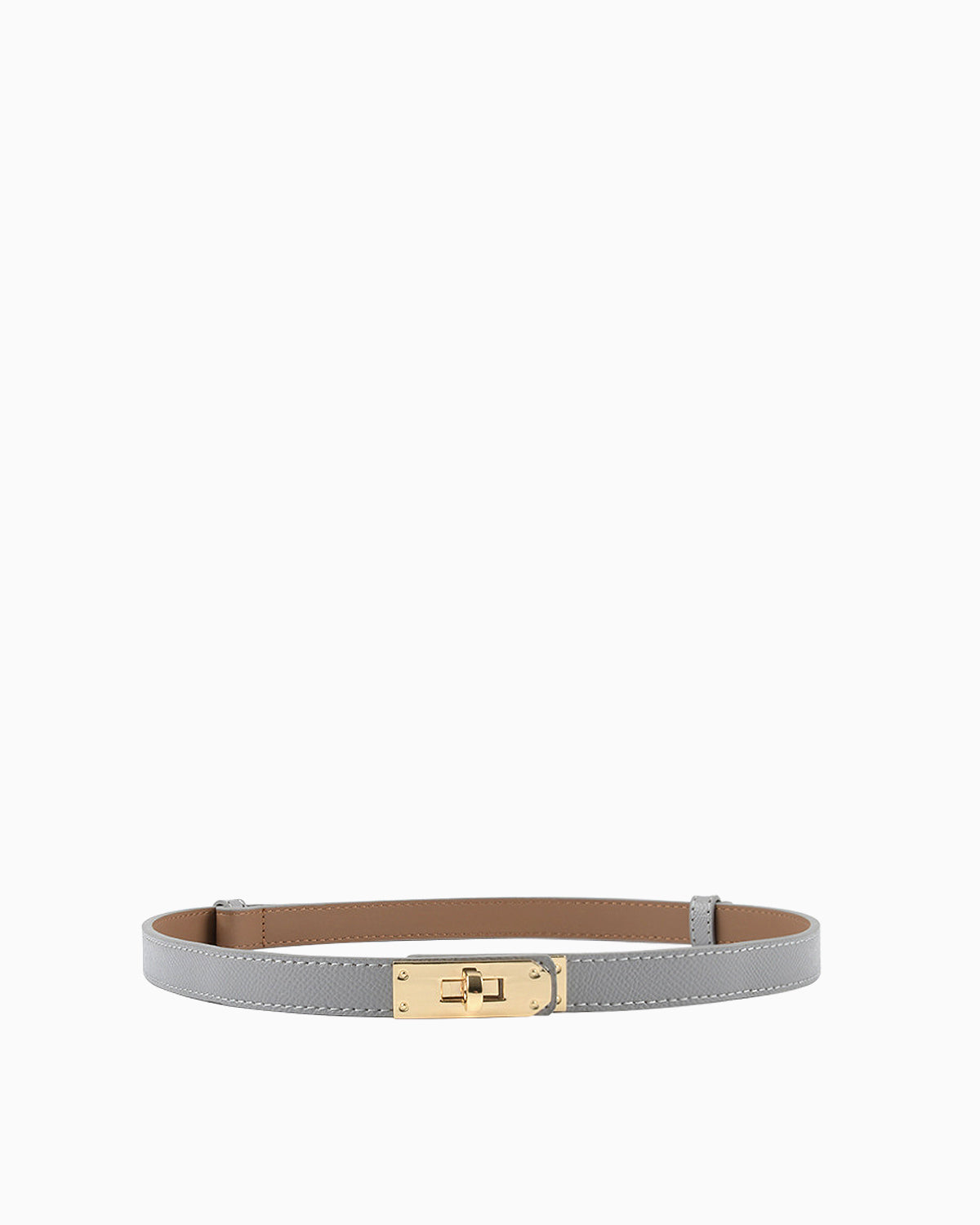 Classic Saffiano Leather Belt with Gold Turn-Lock Buckle. Light Gray Color