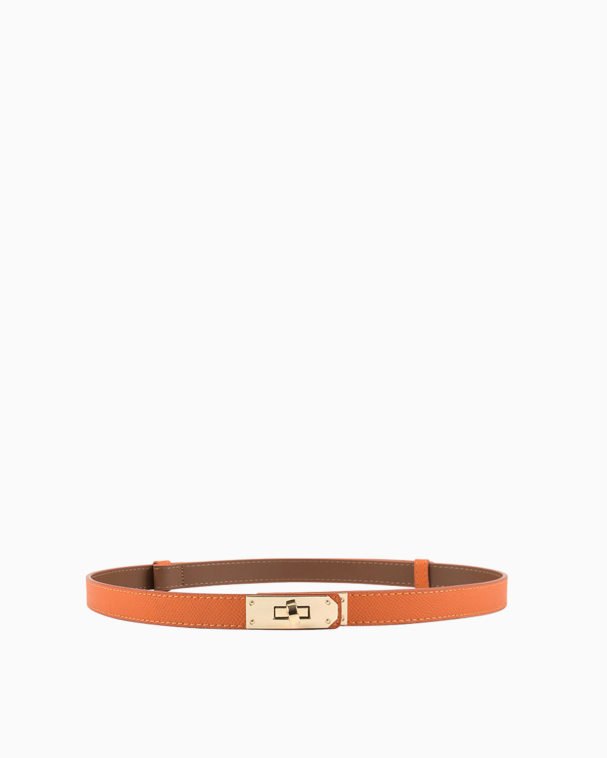 Classic Saffiano Leather Belt with Gold Turn-Lock Buckle. Orange Color