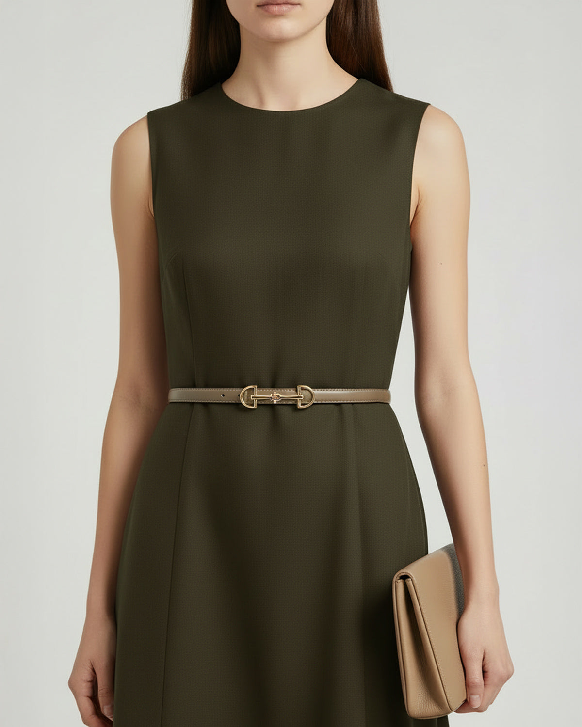 Women's Classic Khaki Leather Belt with Gold Equestrian Buckle