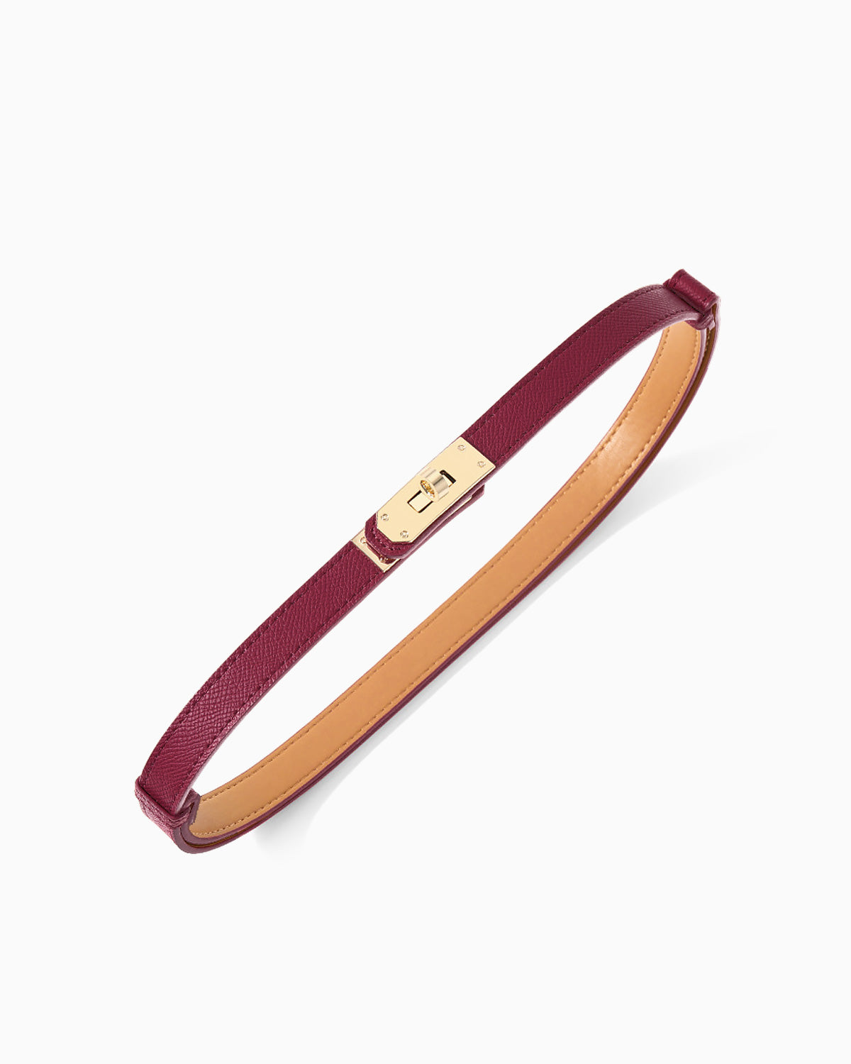 Classic Burgundy Slim Saffiano Leather Belt with Gold Turn-Lock Buckle