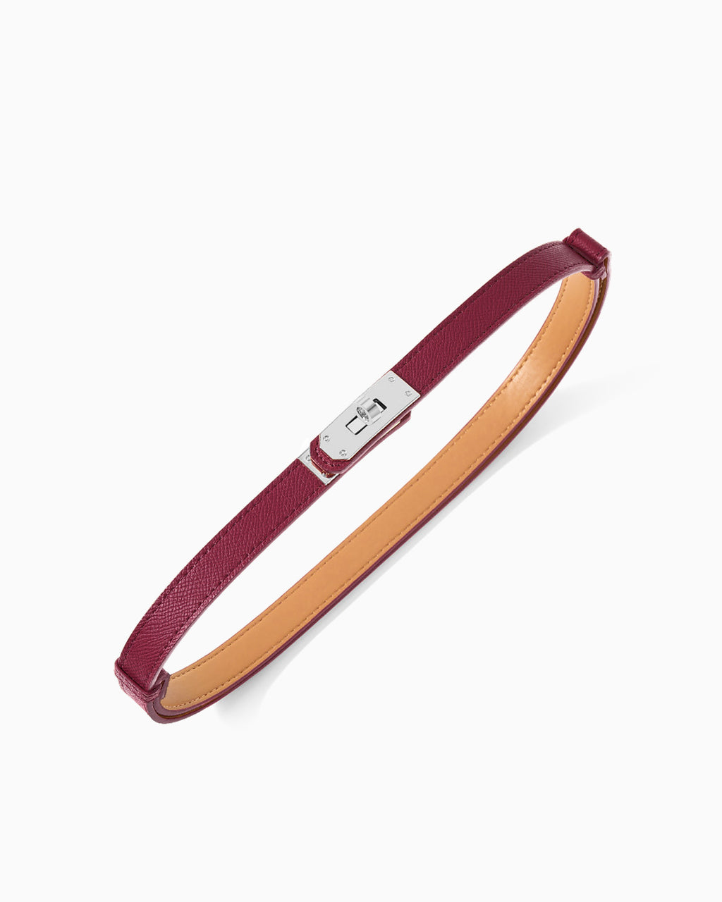 Women's burgundy saffiano leather belt with a silver-tone turn-lock buckle and contrast stitching